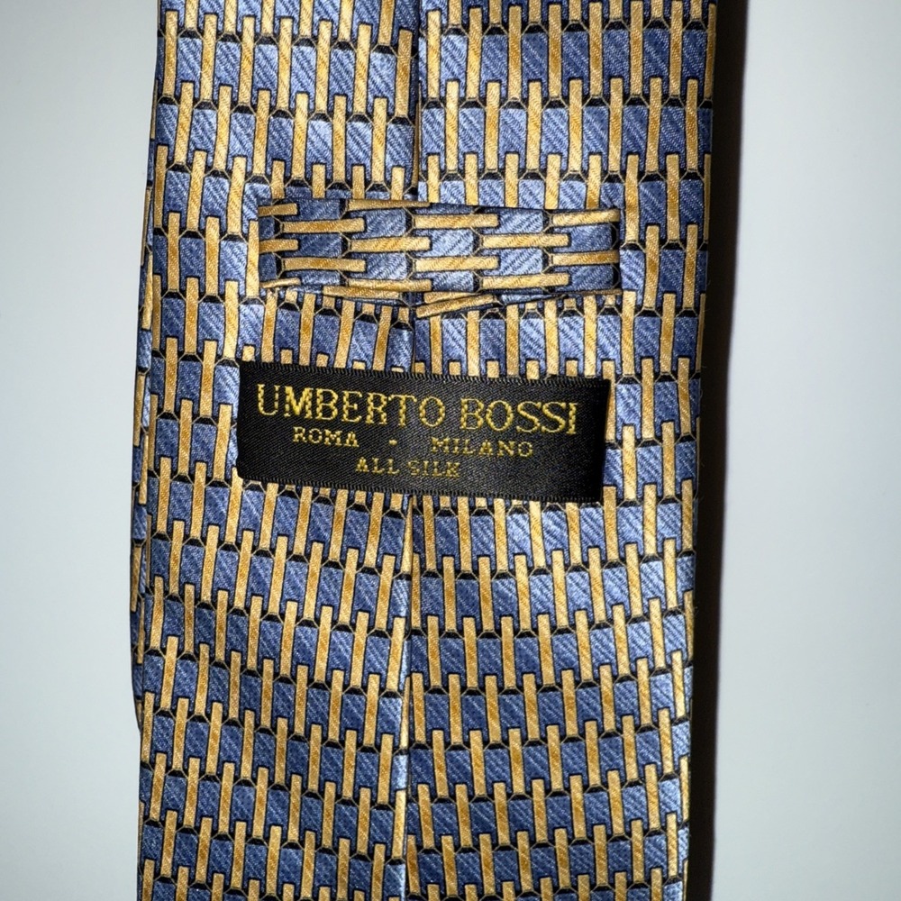 Vintage Umberto Bossi Men's Tie Necktie Gold Blue Hand Made Silk Tie‎